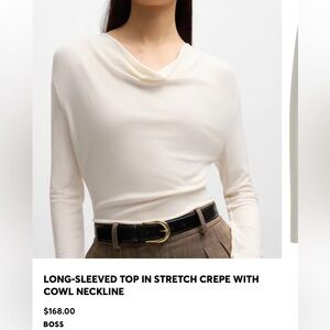 BOSS Elegant Cream Long-Sleeved Top in Stretch with Cowl Necklace